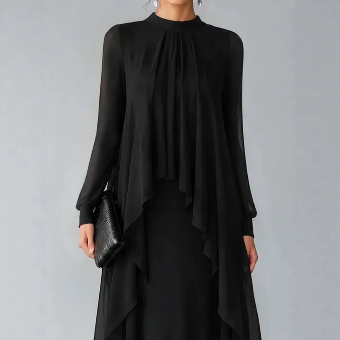 Black Stand-Collar Chiffon Ruffled Faux Two-Piece Long Sleeve Evening Dress