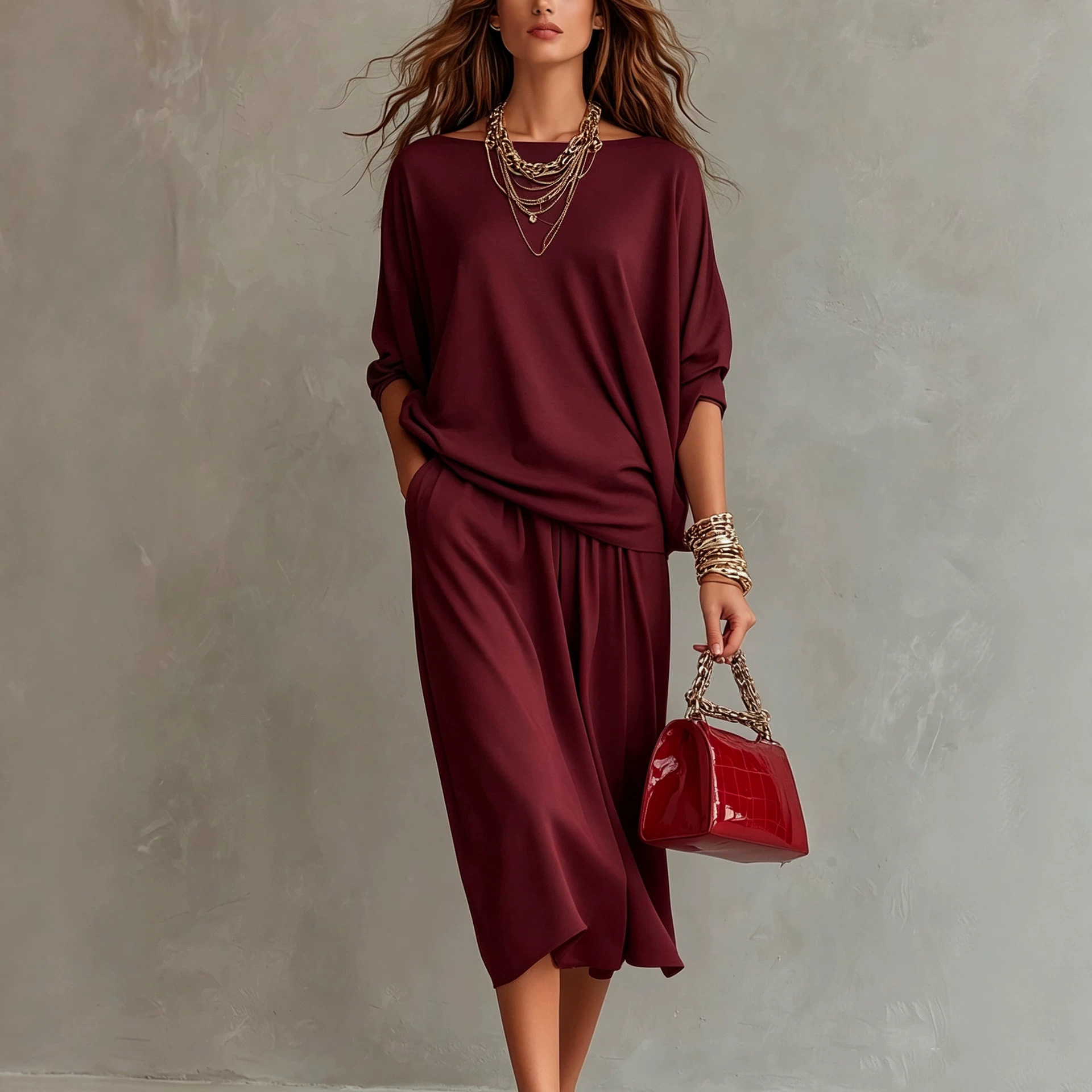 Off-Shoulder Knit Top & Midi Skirt Set Casual Loungewear
