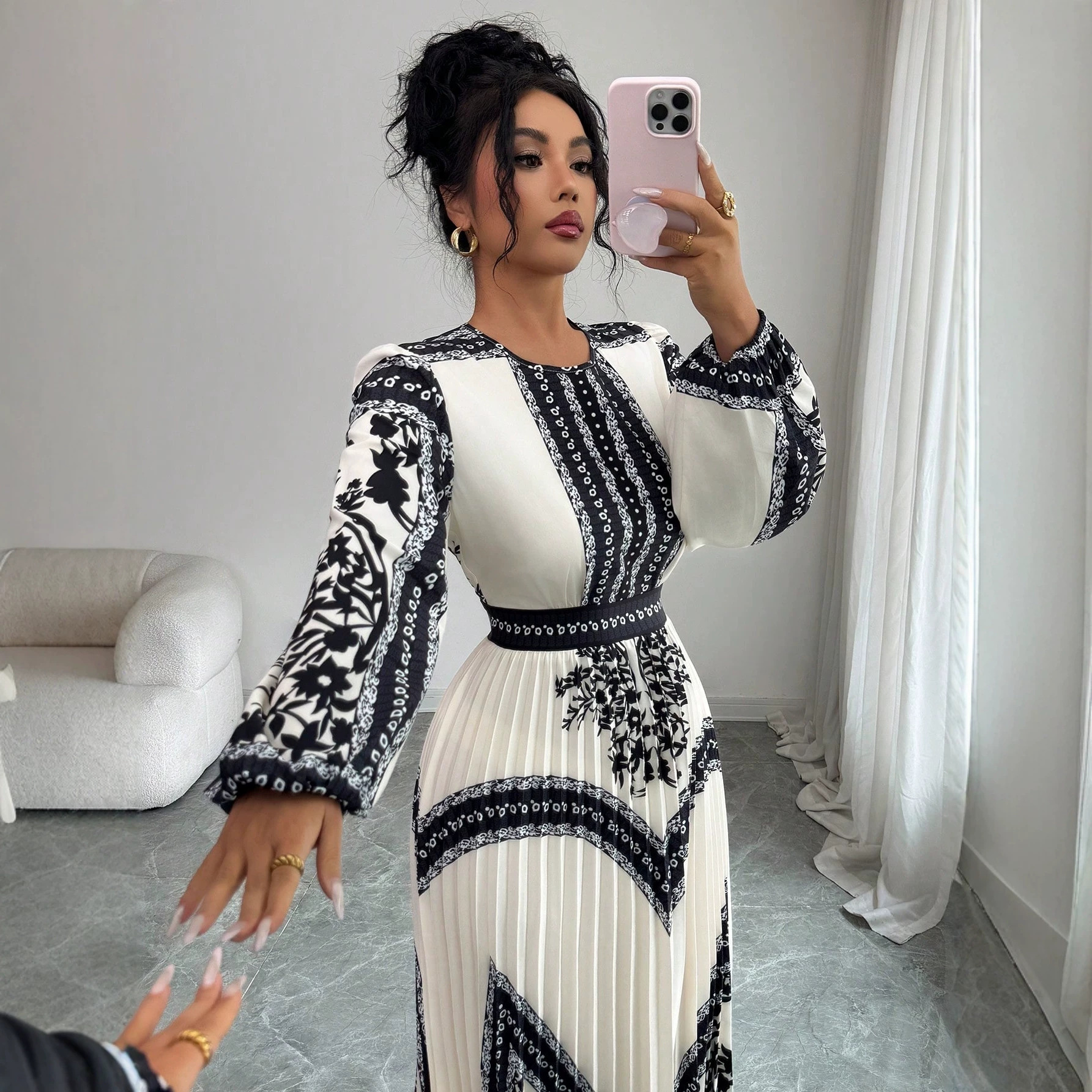 Black and White Print Pleated Dress with Cinched Waist and Bell Sleeves