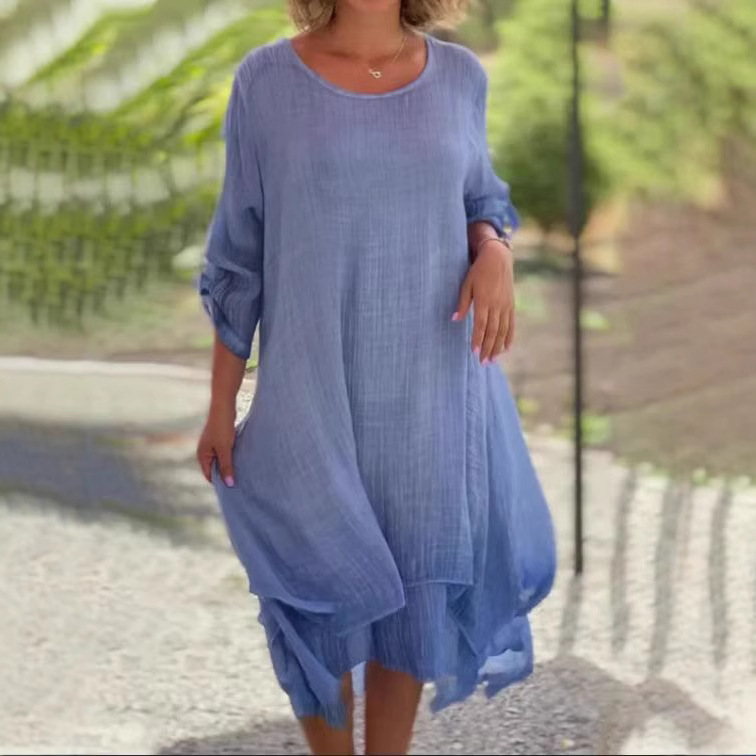 Women's Round Neck Asymmetrical Hem Solid Color Flowy Midi Dress