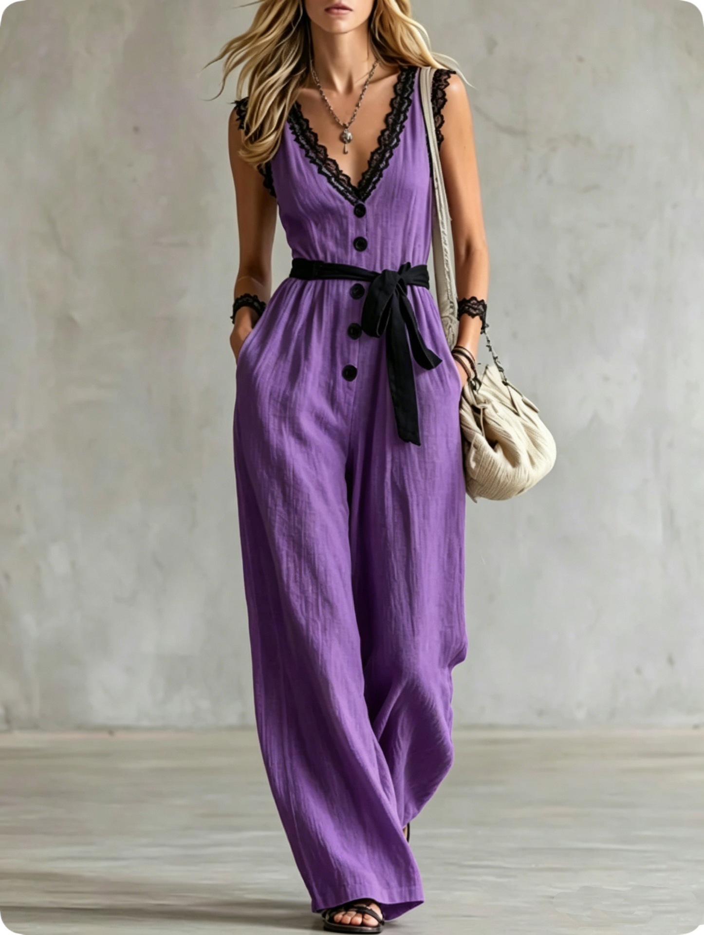 V-Neck Lace Sleeveless Colorblock Jumpsuit with Black Trim