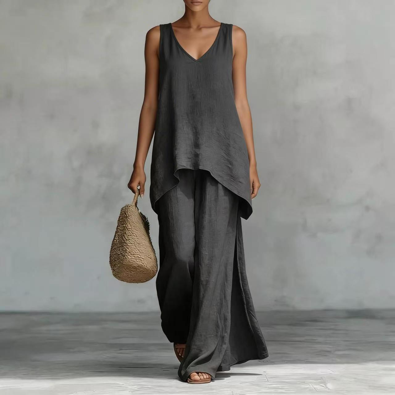 Women's Sleeveless V-Neck Top and Wide-Leg Pants Set Solid Color