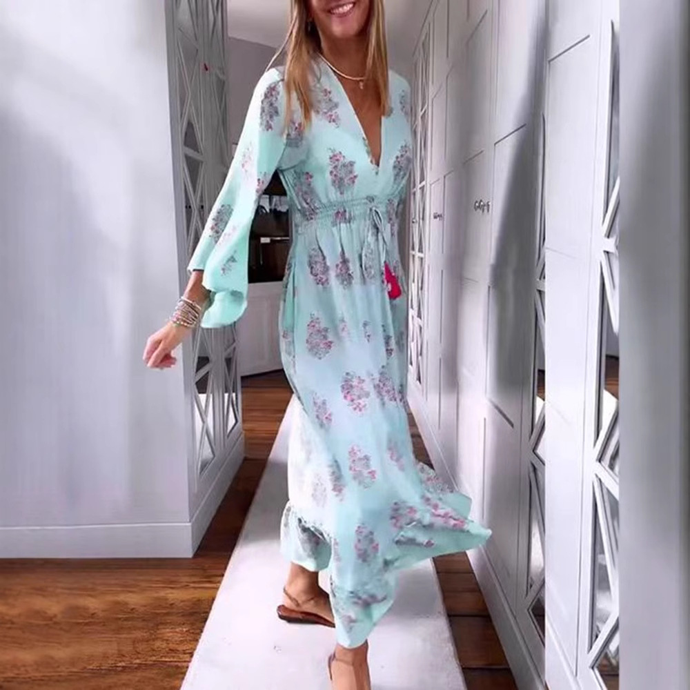Women's Casual Floral Print V-Neck Long Sleeve Maxi Dress