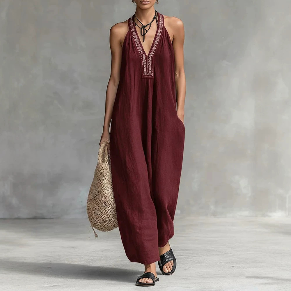 Women's V-Neck Halter Printed Jumpsuit Casual Vacation Sleeveless