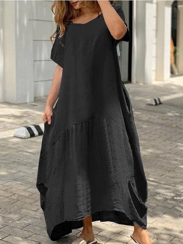 Women's Loose Cotton Linen Long Dress Casual Round Neck Short Sleeve