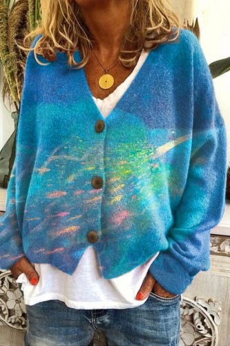 Abstract Print Open-Front Cardigan Sweater