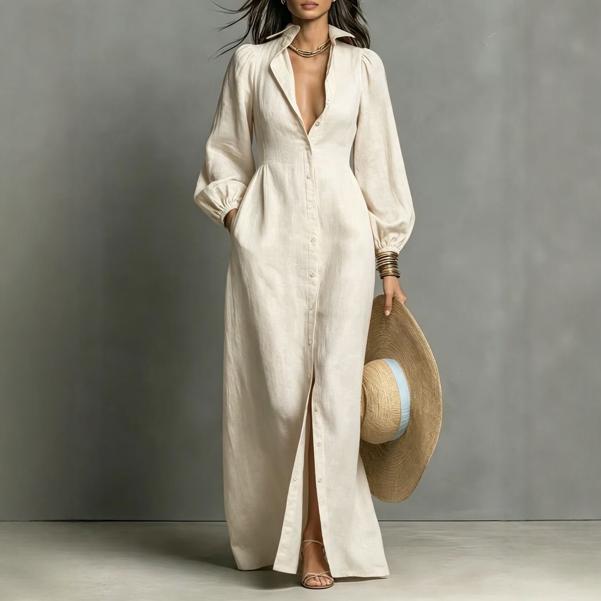 Lantern Sleeve Button-Front Long Shirt Dress Retro Casual