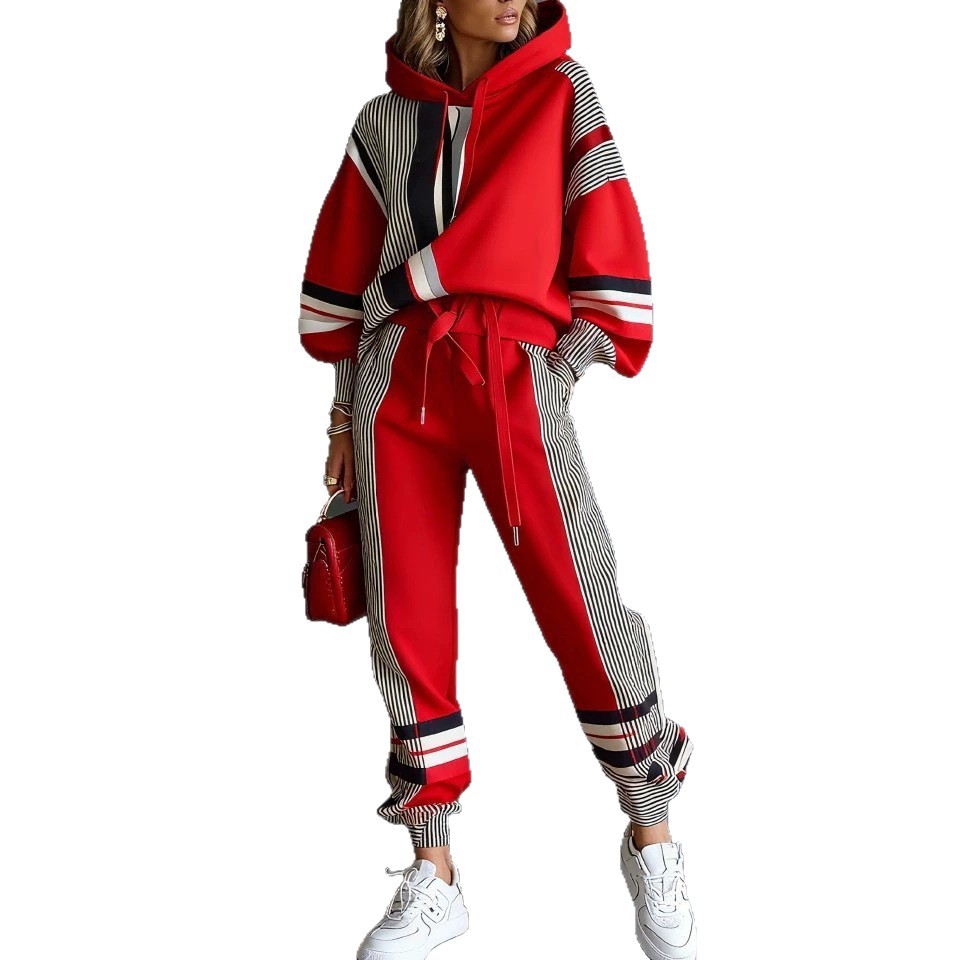 Women's Printed Hooded Long Sleeve Long Pants Casual Set