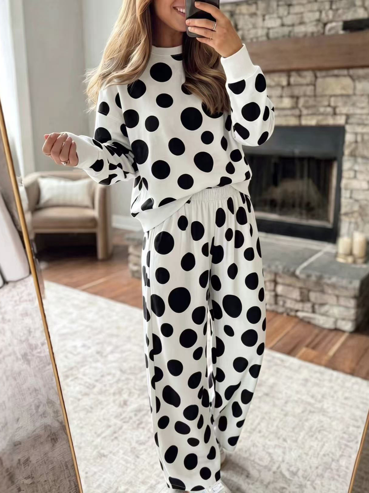 High-Waist Polka Dot Print Wide-Leg Two-Piece Set