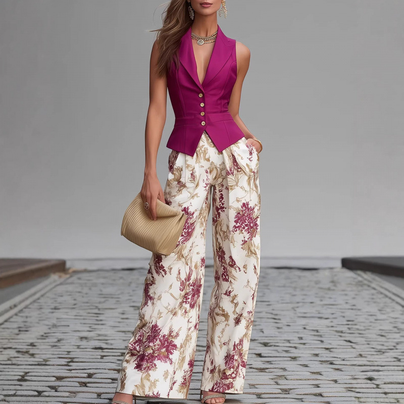 Women's Elegant Button Vest Top & Wide-Leg Pants Two-Piece Set