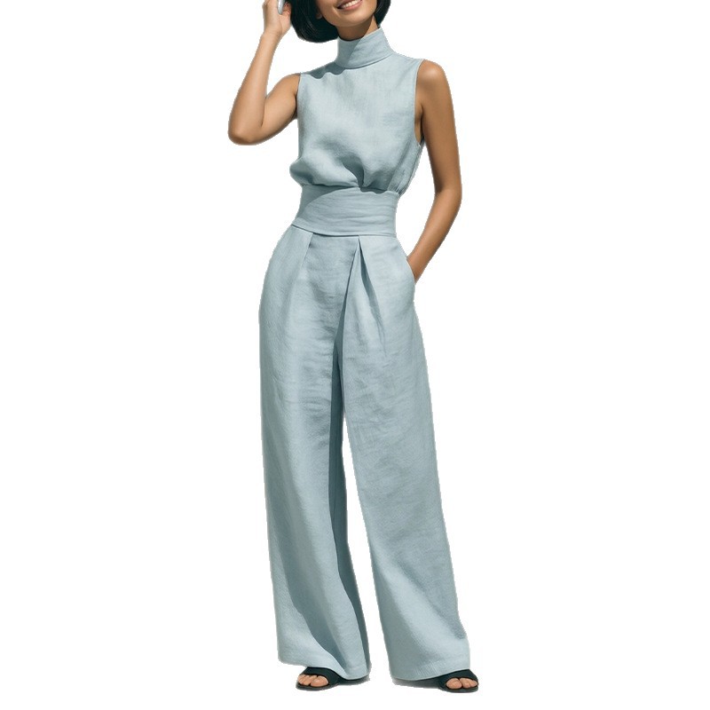 Women's Sleeveless High Neck Top and Straight Leg Pants Casual Set