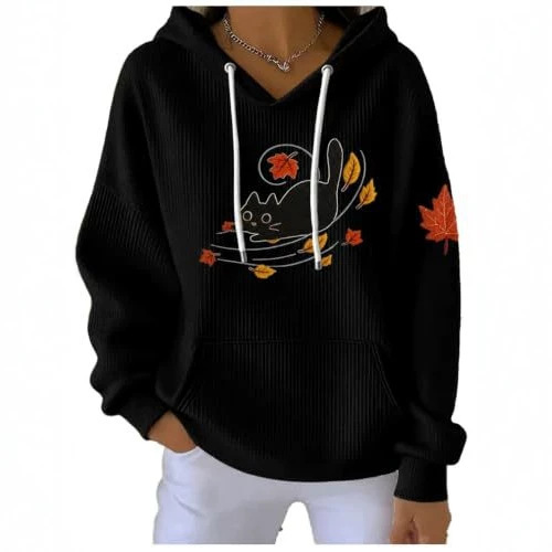 Women's Cat & Maple Leaf Print Casual Hoodie