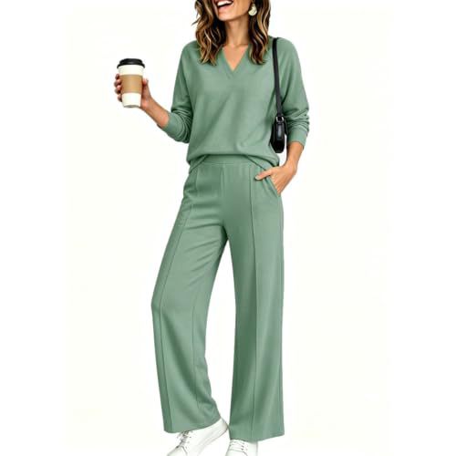Women's Two-Piece V-Neck Shirt and Wide-Leg Pants Lounge Set