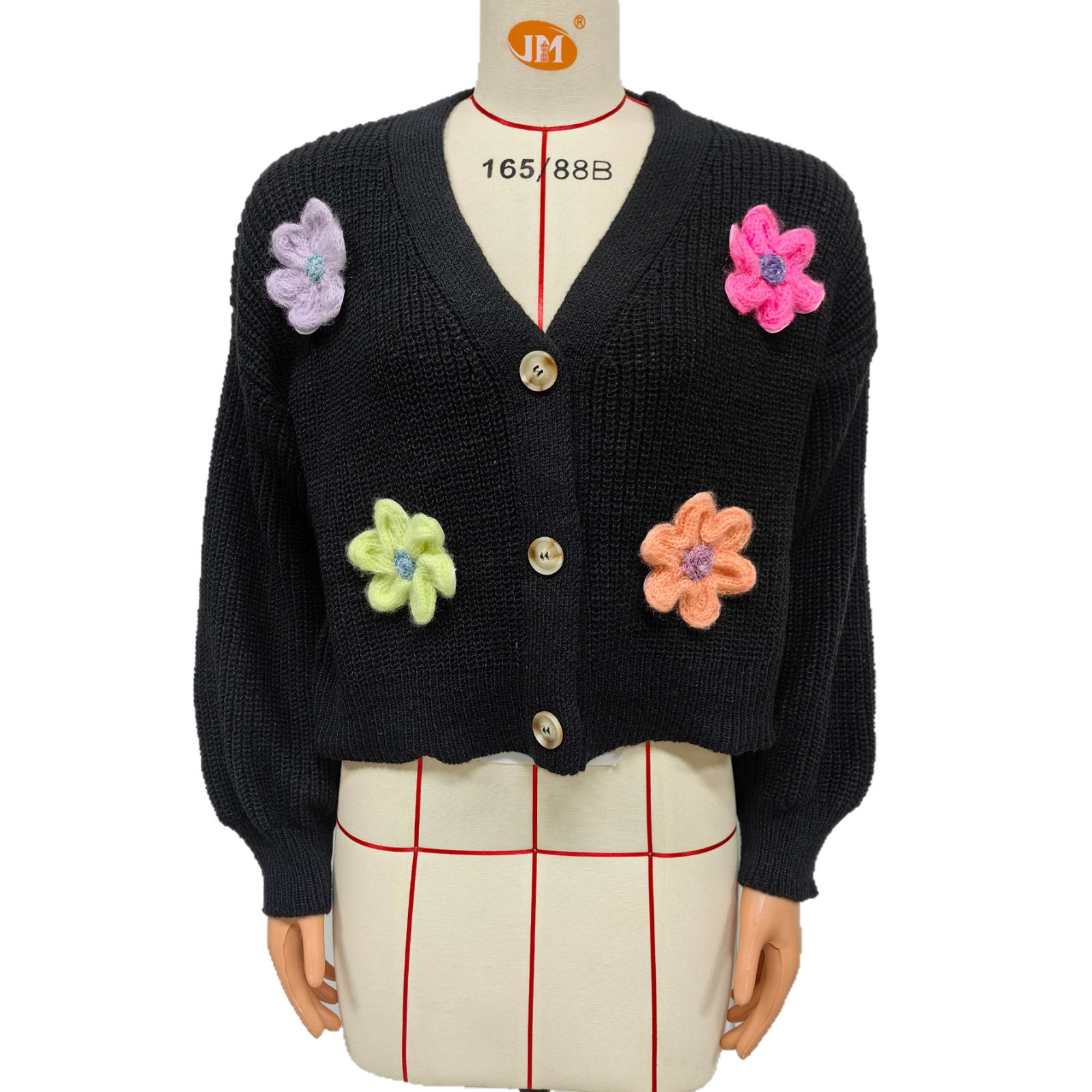 Women's Loose Knit Cardigan with 3D Floral Appliqué