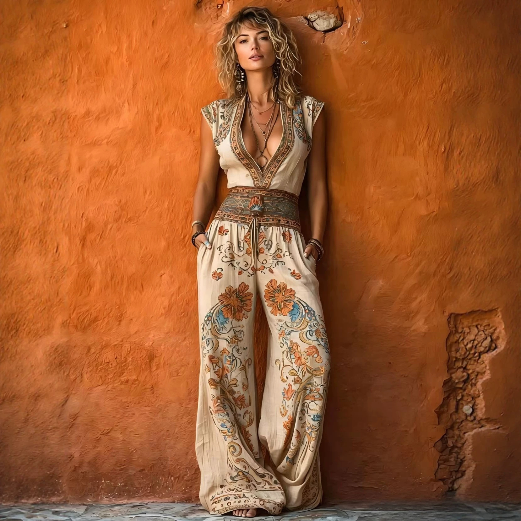 Women's Printed Sleeveless Wide-Leg Jumpsuit