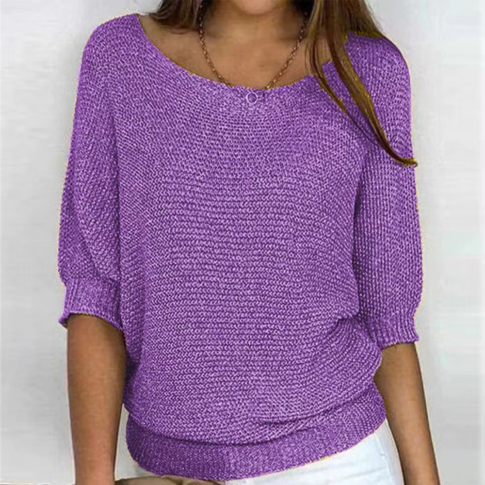 Women's Solid Crewneck Knit Top with Lantern Sleeves