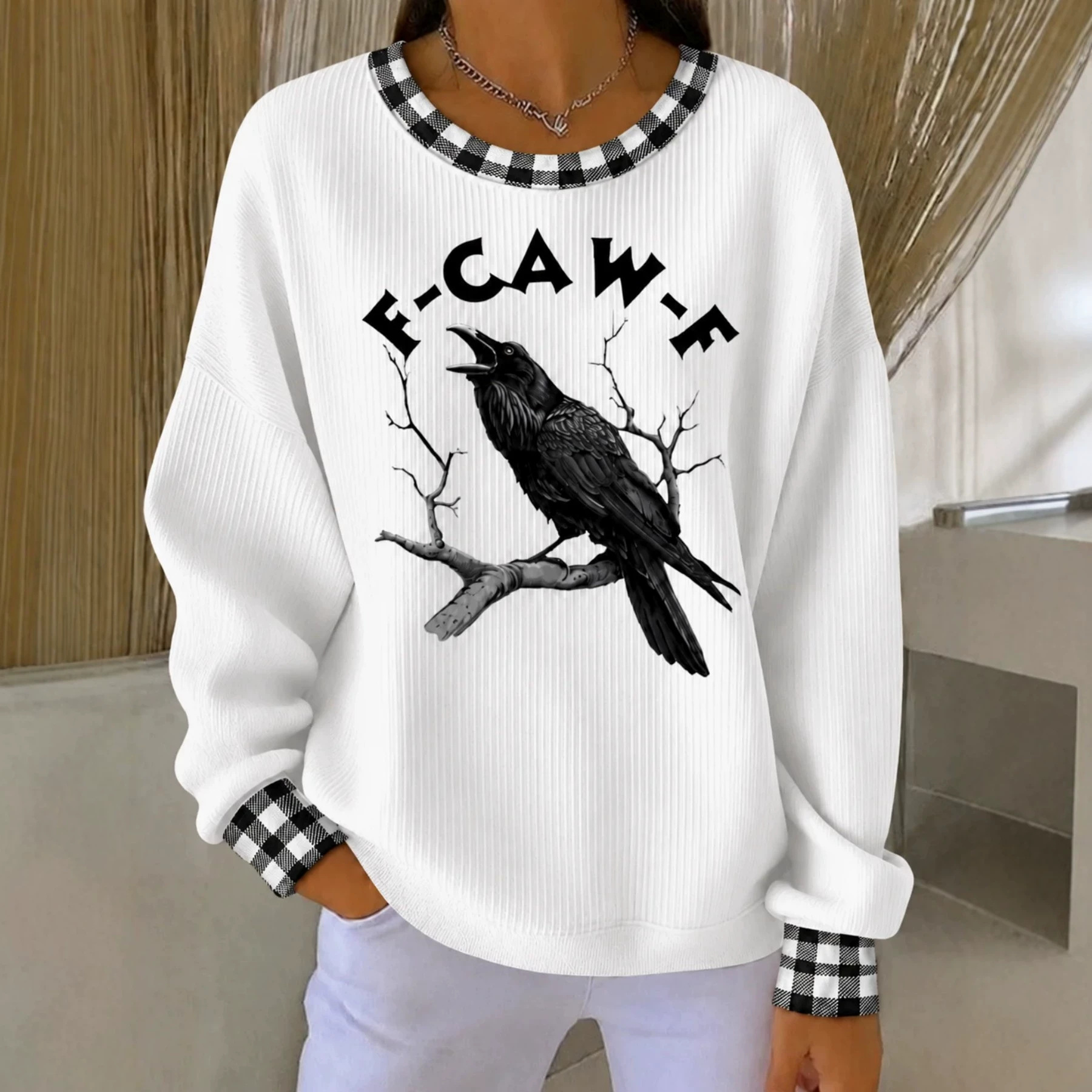 Crow Plaid Print Raw Edge Crewneck Long Sleeve Pullover Sweatshirt