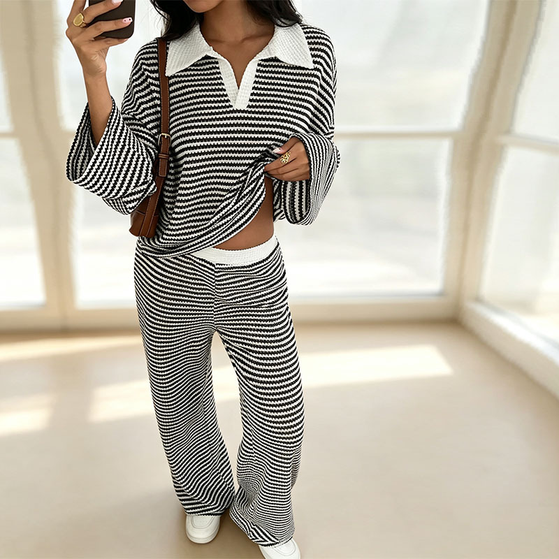 Striped Collar Neck Knit Two-Piece Set with Long Sleeve Top and High-Waist Wide-Leg Pants