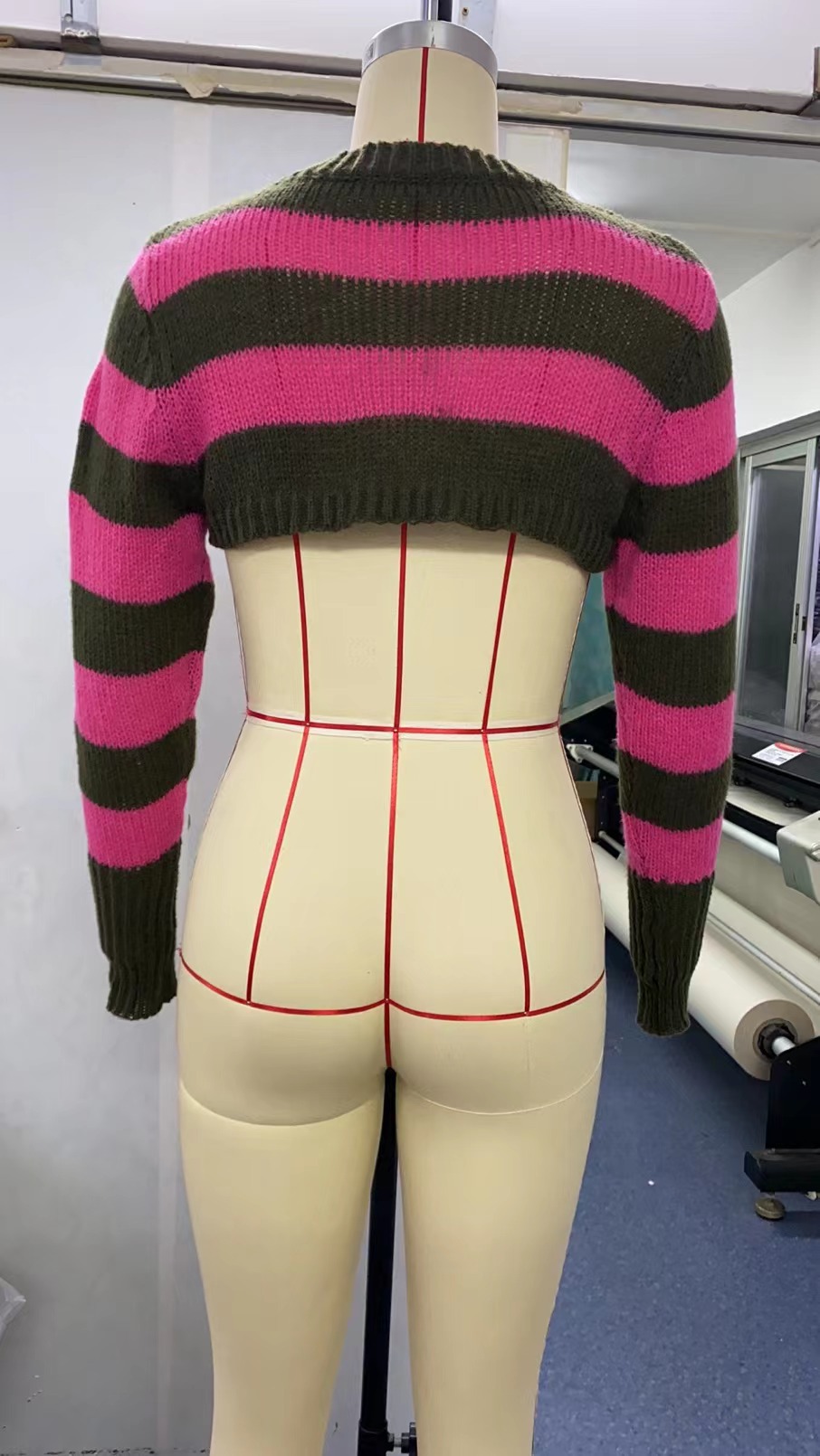 Striped Square Neck Button-Front Crop Top with Long Sleeves