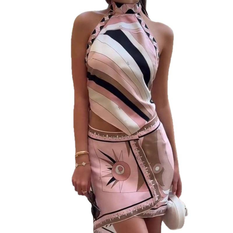 Satin Halter Neck Open Back Printed Two-Piece Skirt Set