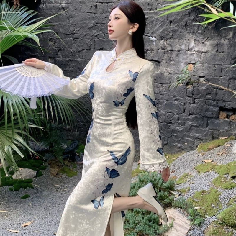 Plus Size New Chinese Style Velvet Qipao Dress Slimming Bodycon Midi