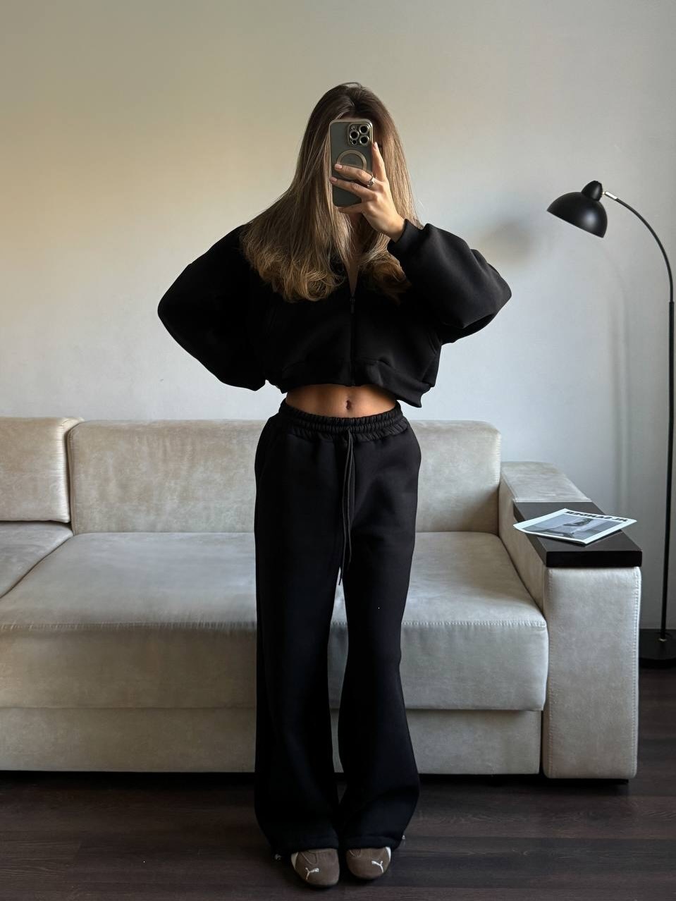 American Retro Gray Two-Piece Set: Cropped Hoodie & High-Waist Drawstring Joggers
