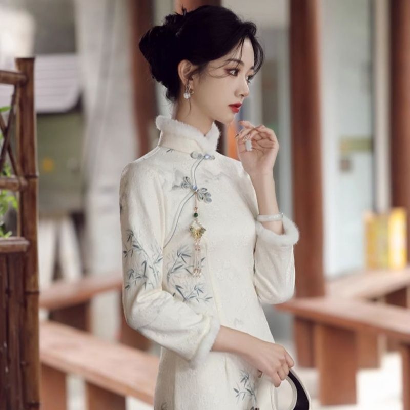 Off-White Cheongsam Dress Fleece-Lined Floral Bamboo Leaf Print New Chinese Style
