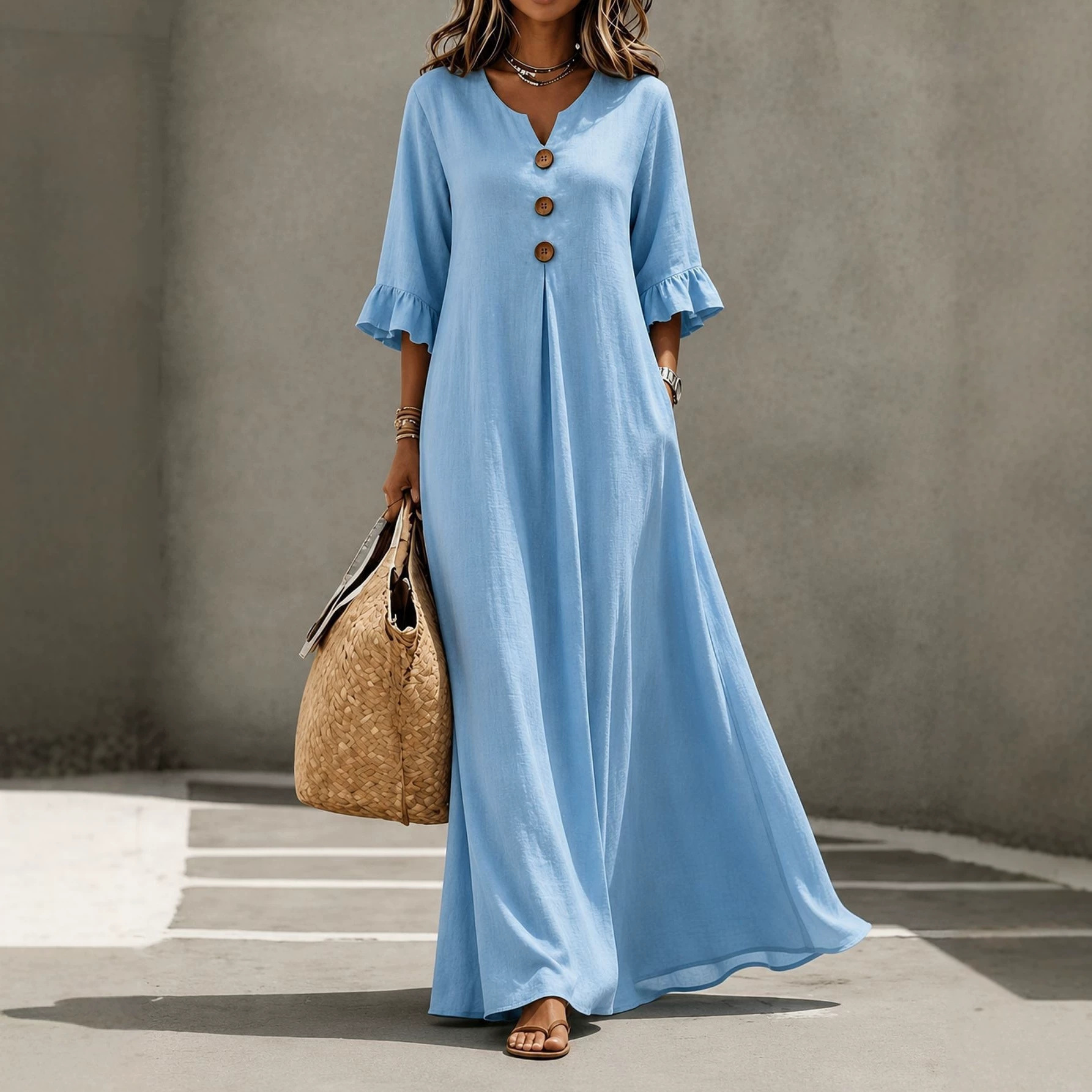 V-Neck Button Ruffle Sleeve Solid Loose Casual Dress
