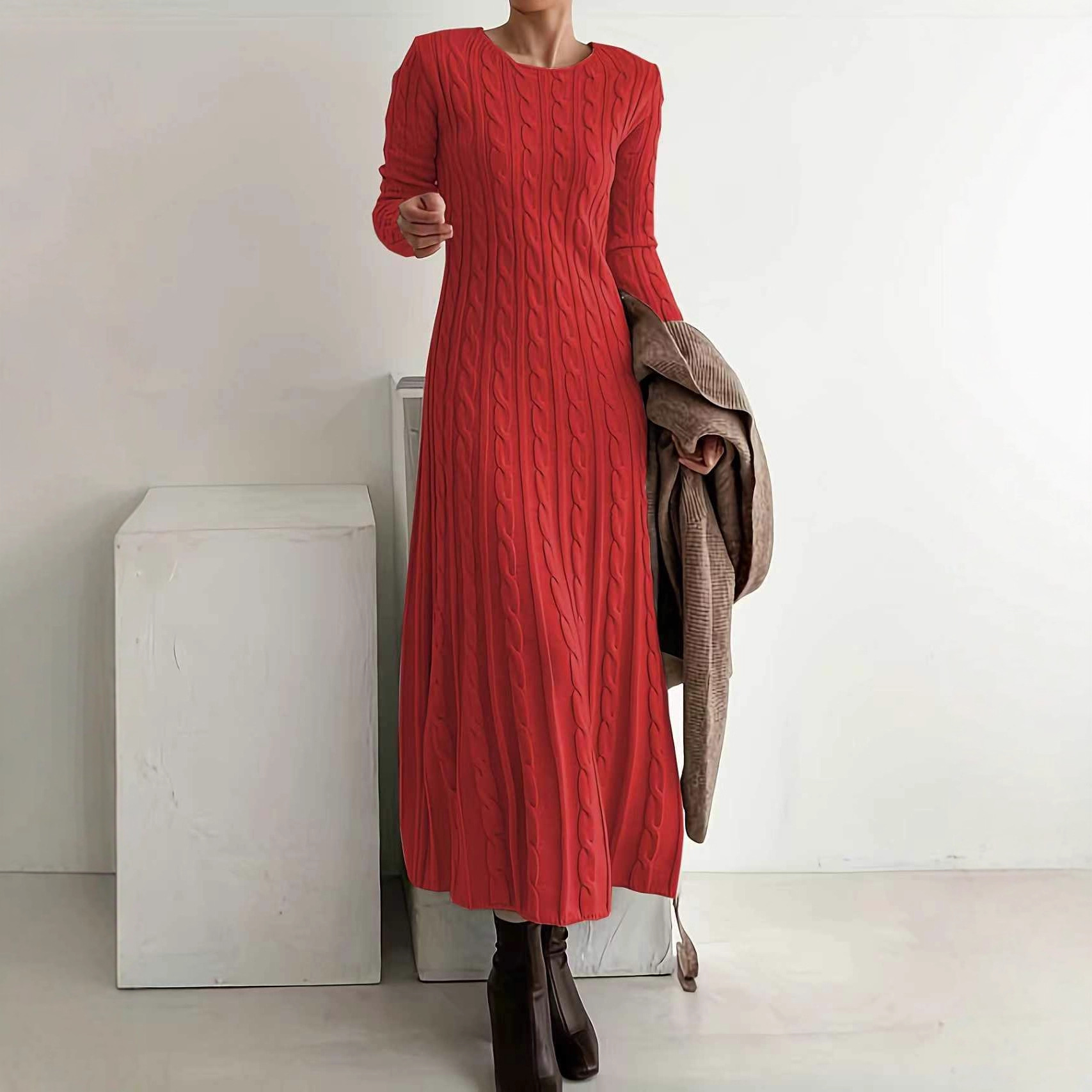 Slim Fit Cable Knit Sweater Dress Crew Neck Long A-Line Pullover