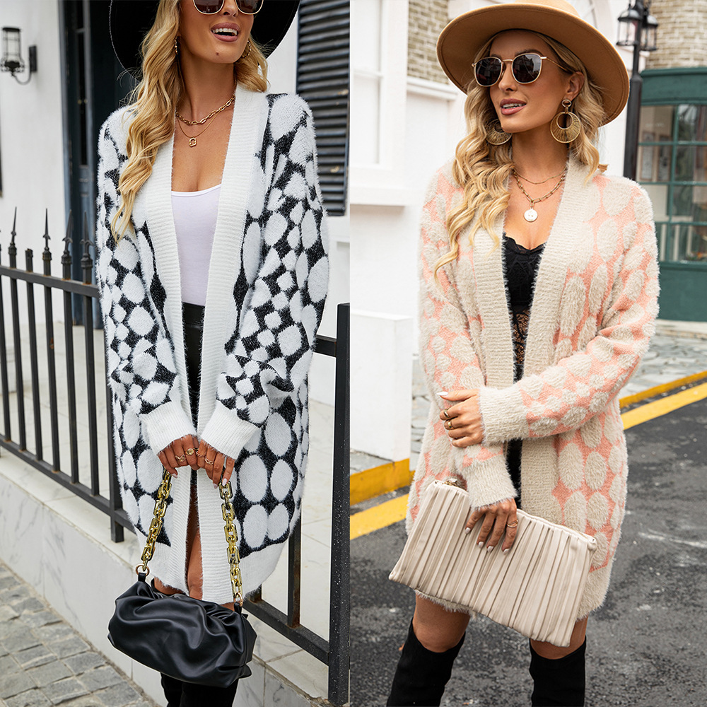 Mink-Like Knit Cardigan Sweater, Mid-Length, Plus Size, V-Neck, White/Khaki