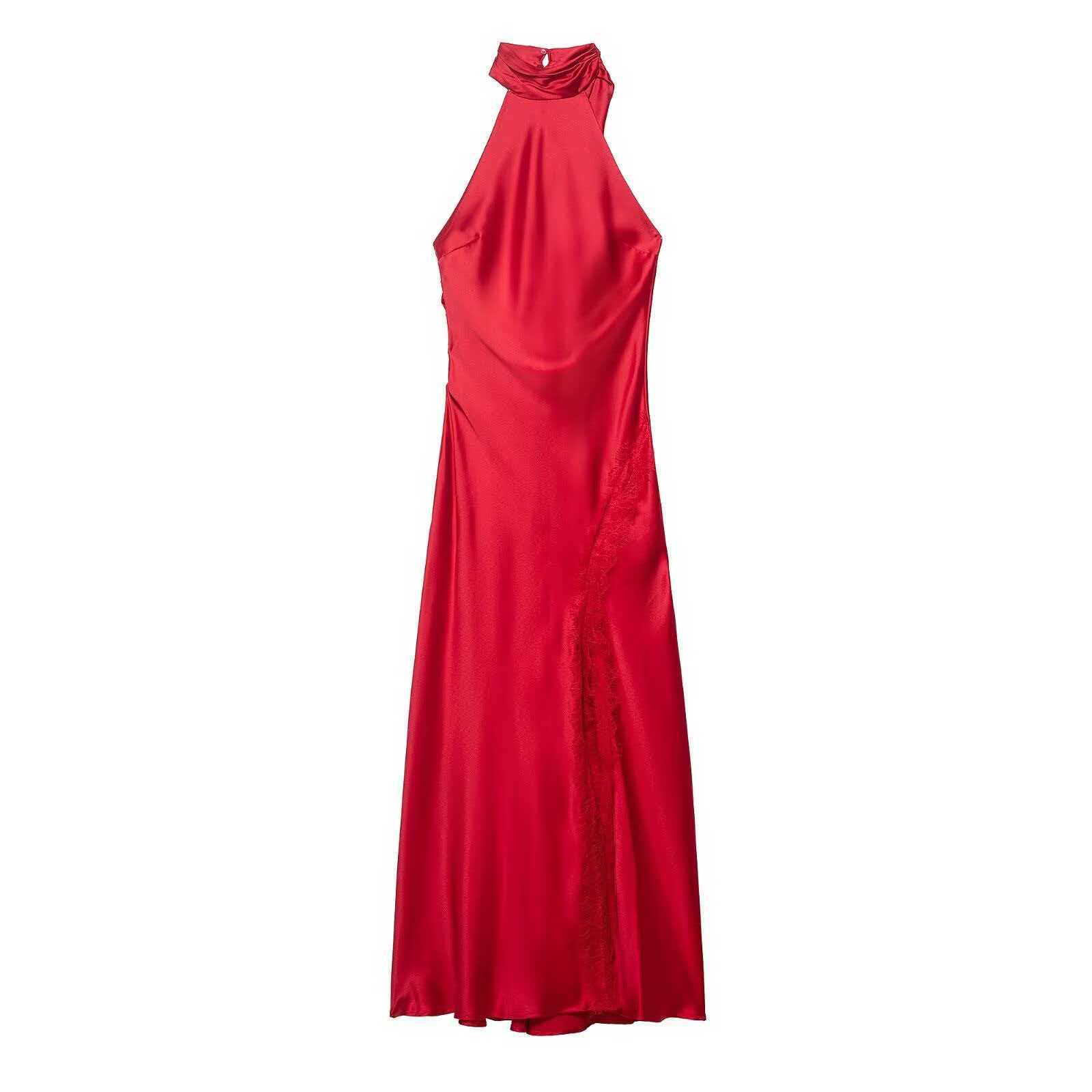 Women's Satin-Feel Halter Neck Long Dress