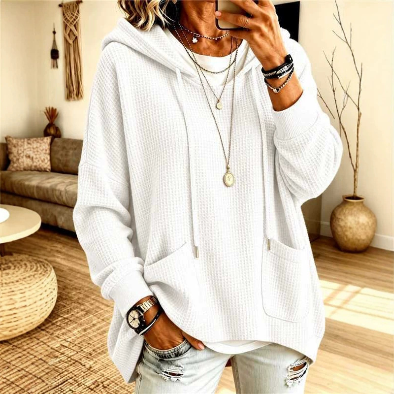 Anno Self-Developed 2026 Women's Waffle Knit Loose Long-Sleeve Hooded Sweatshirt for Amazon Independent Station Casual
