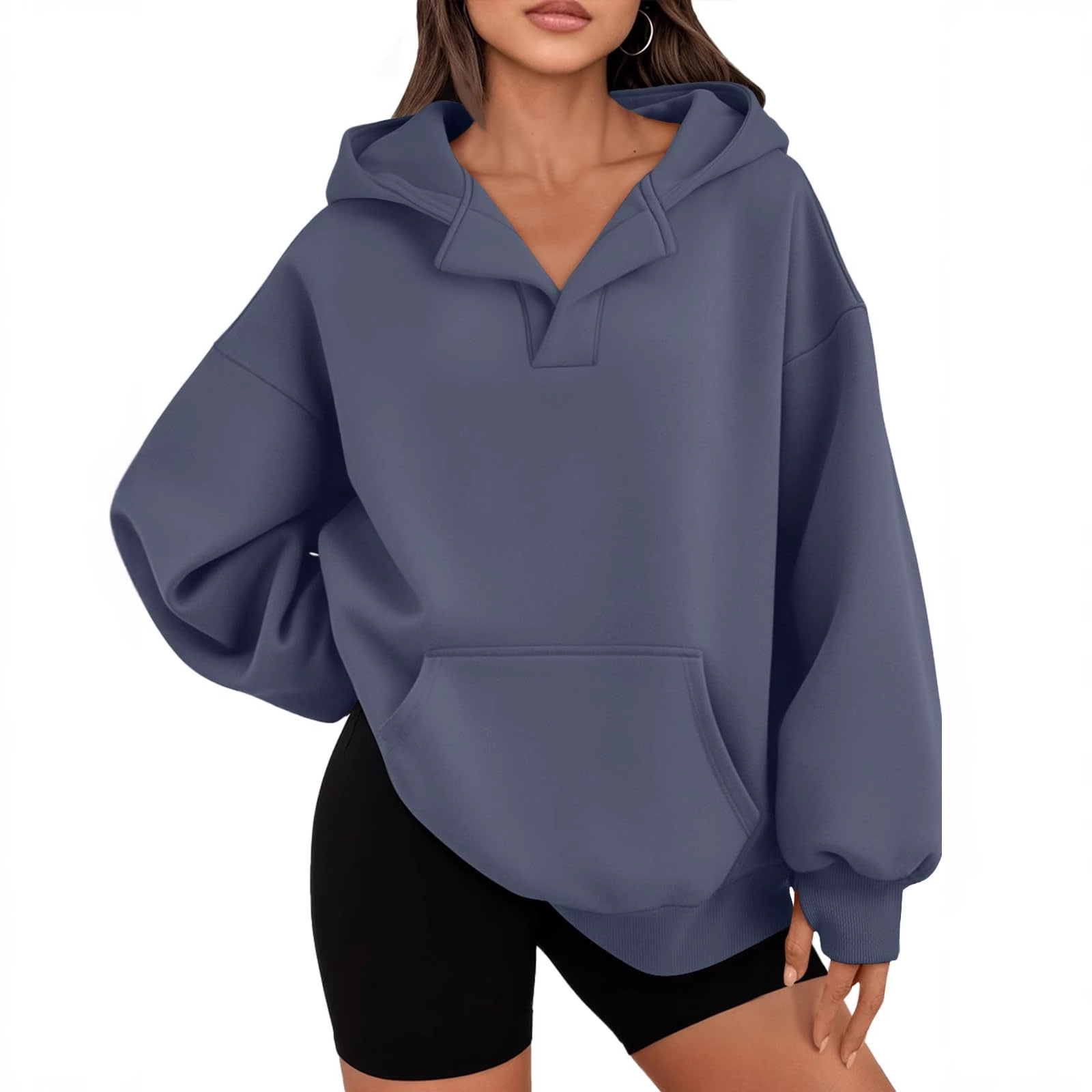 Women's V-Neck Hooded Pullover Sweatshirt with Thumbholes Cotton Fleece Casual Top