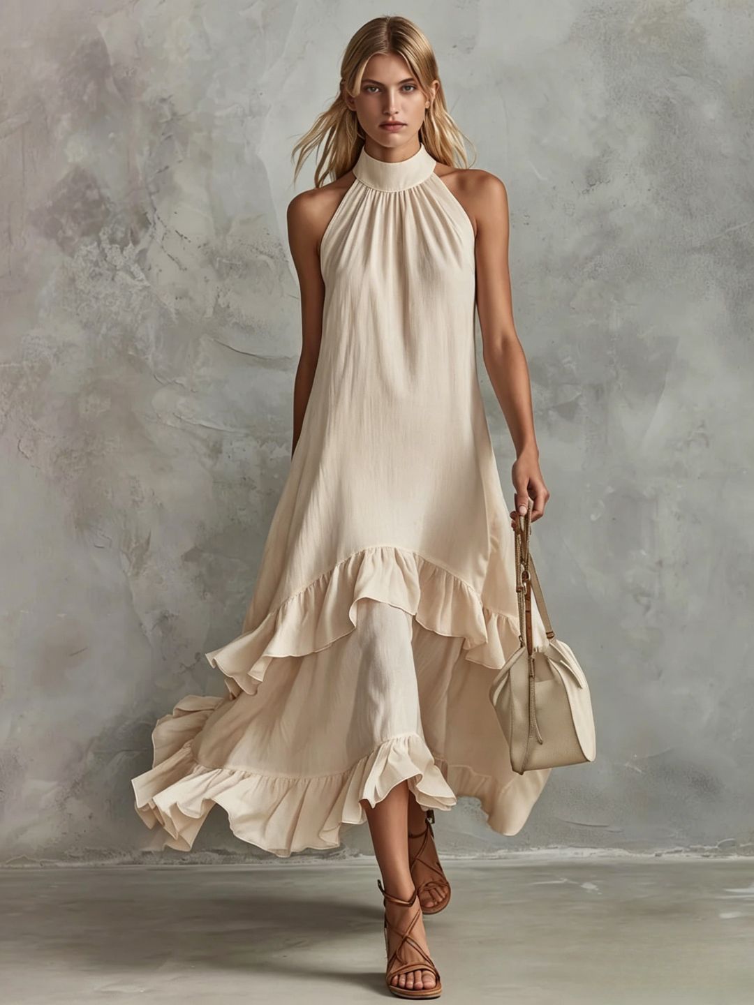 White Sleeveless Ruffle Midi Beach Dress