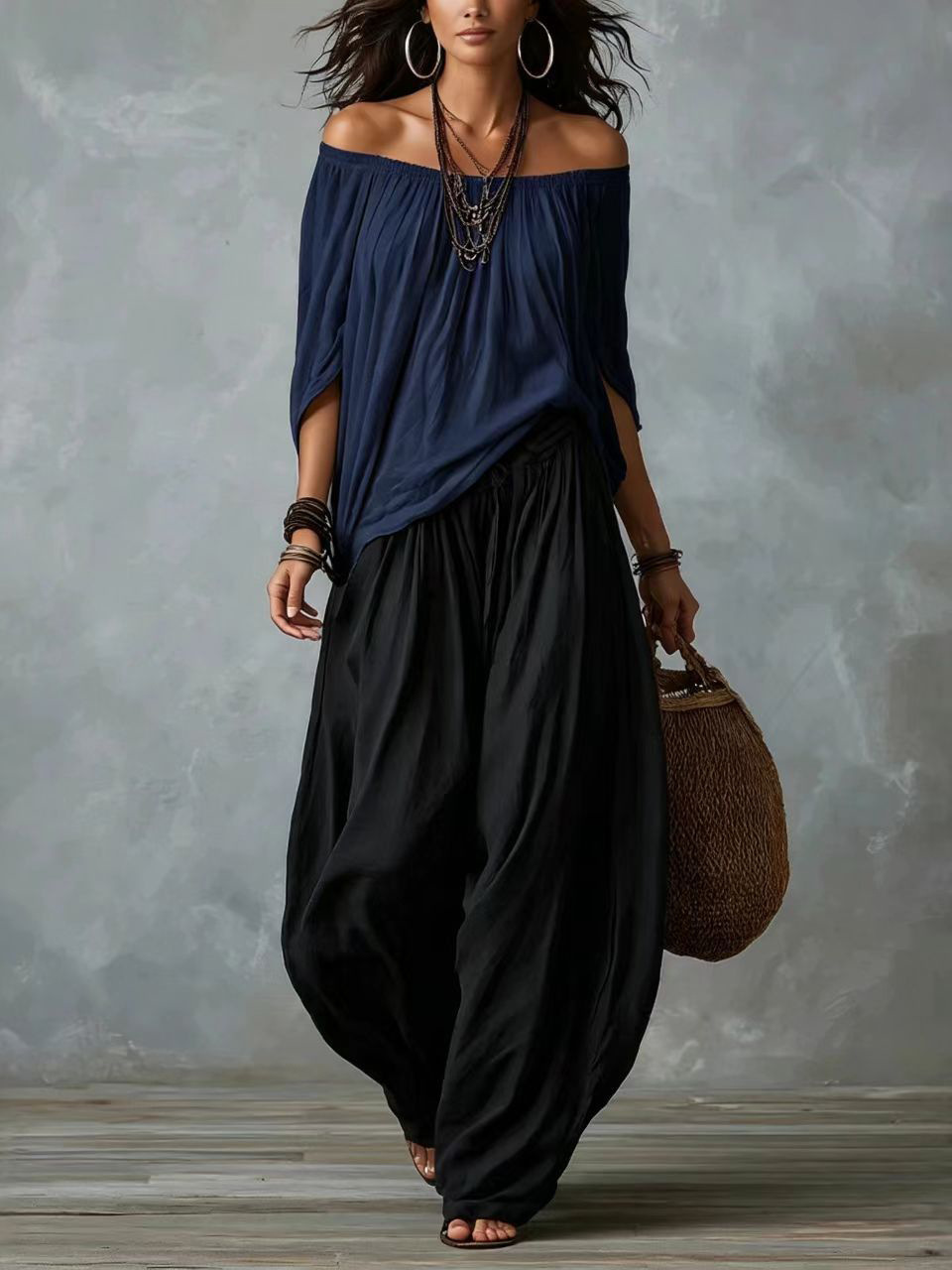Women's Off-Shoulder Top and Wide-Leg Pants Set Casual Two-Piece Outfit