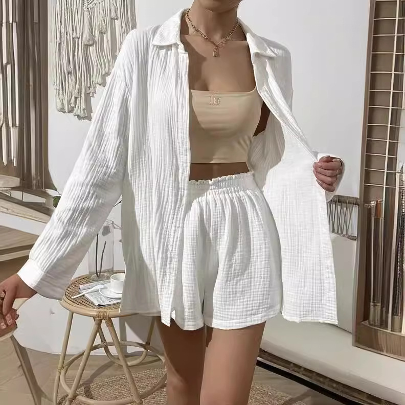 Women's Solid Color Long Sleeve Shirt and Shorts Two-Piece Set Casual Loose Fit