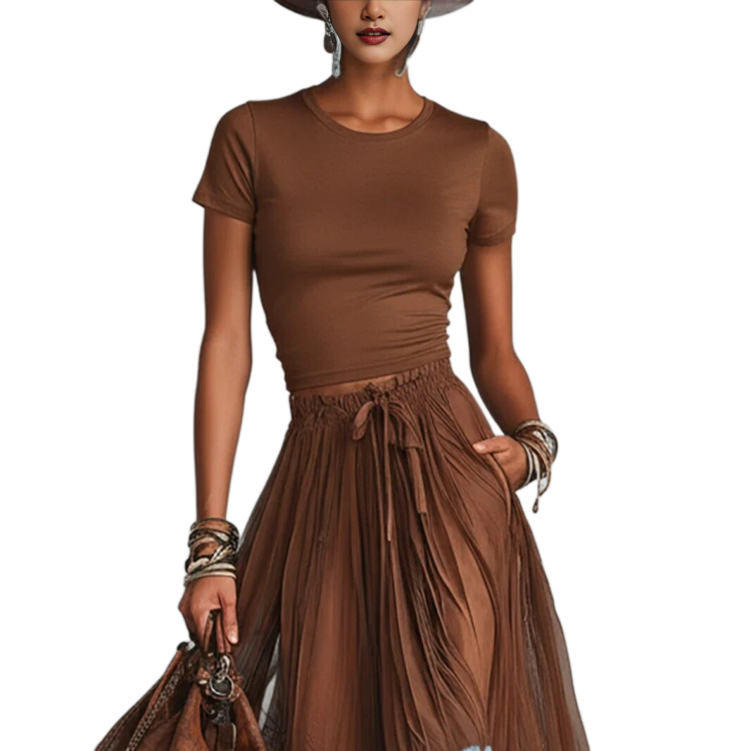 Brown Short Sleeve Top and Blue Lace Panel Maxi Skirt Set