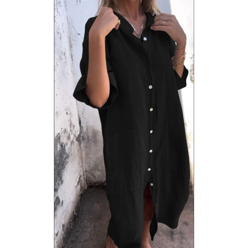 Women's Loose Linen-Look Midi Shirt Dress with Pockets