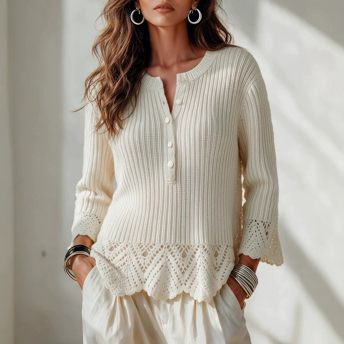 Solid Button Bell Sleeve Loose Slouchy Knit Sweater for Women
