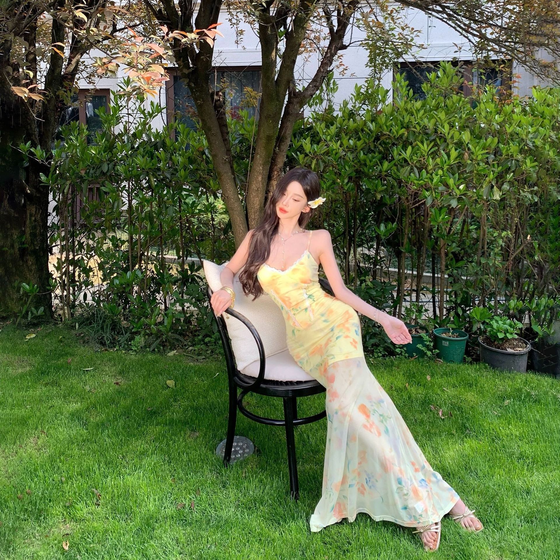 French Yellow Floral Cami Dress Slim Fit Mermaid Midi