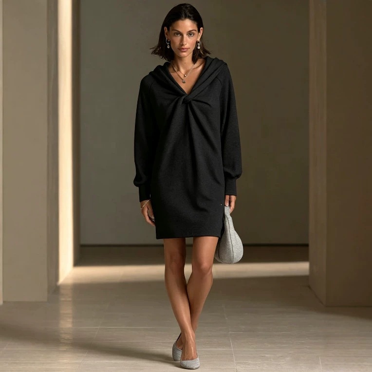Women's Twist Front Loose Hooded Mini Dress