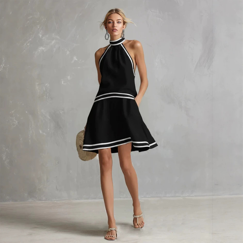 Women's Halter Neck Sleeveless A-Line Dress with Striped Trim