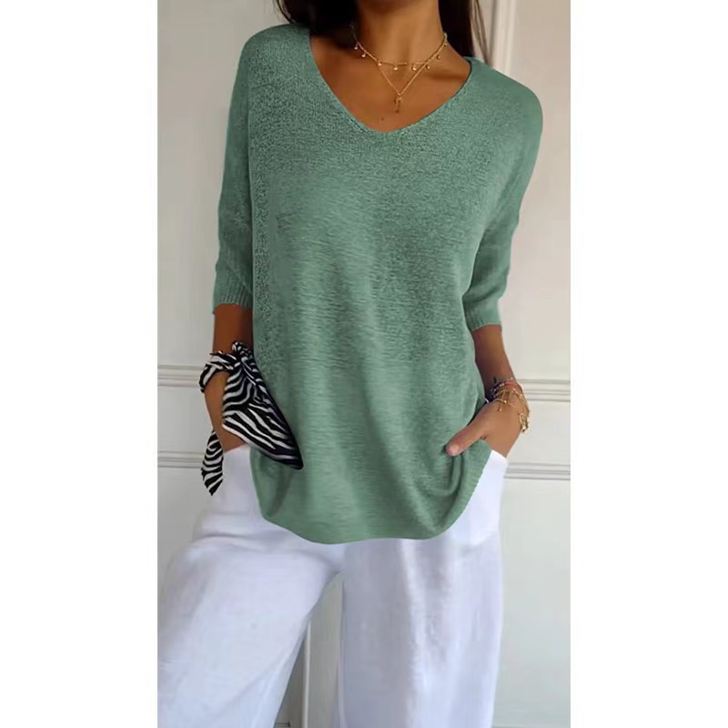 Women's V-Neck Knit Sweater Slimming Solid Color Pullover