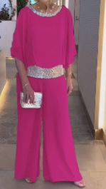 Women's Sequin Colorblock Batwing Top & Wide-Leg Pants Set