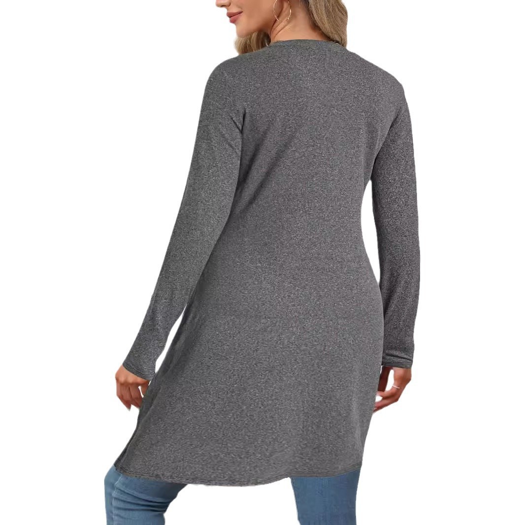 Solid Crewneck Long Sleeve Slit Midi Dress