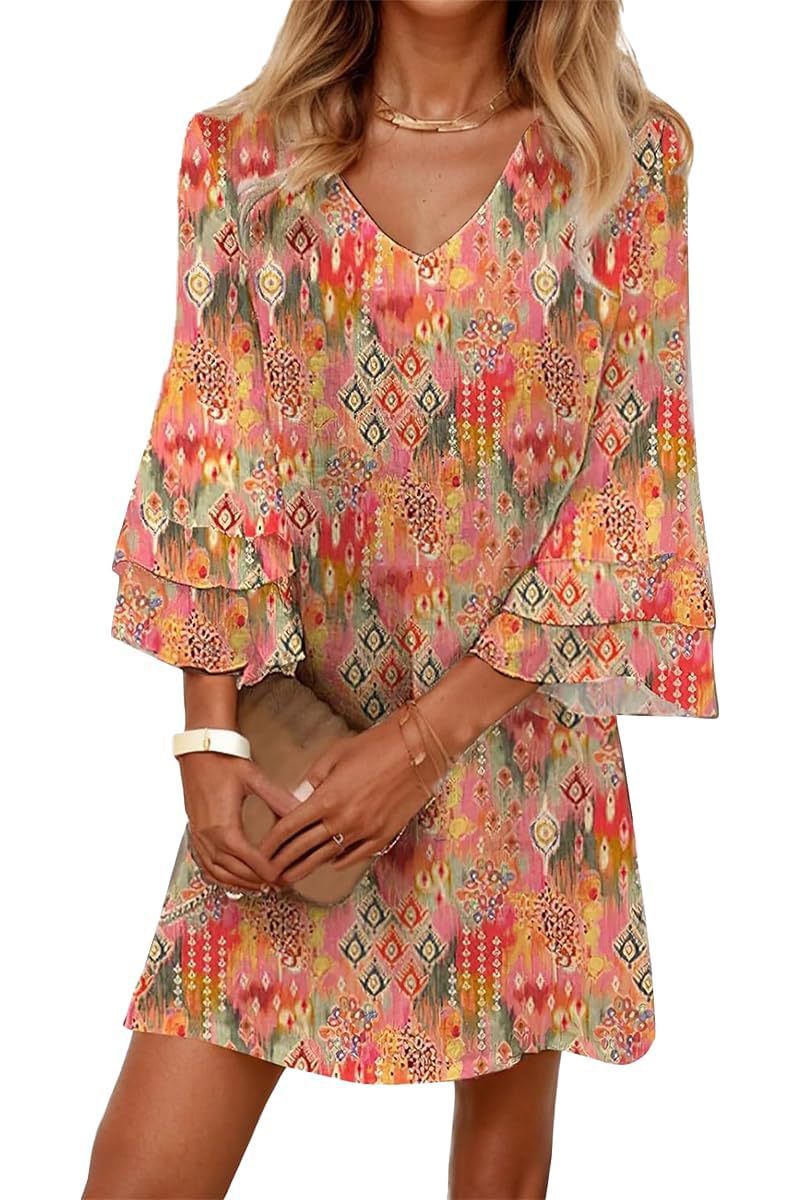 Women's Boho Floral Print Ruched Midi Dress