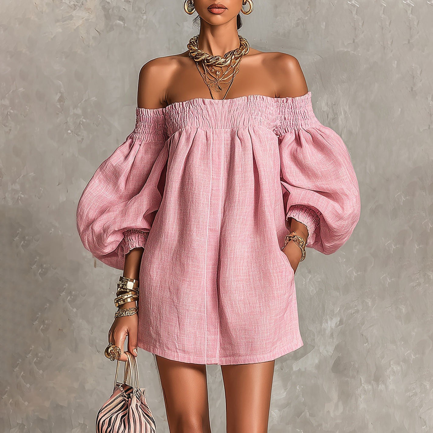 Off-Shoulder Lantern Sleeve A-Line Short Dress