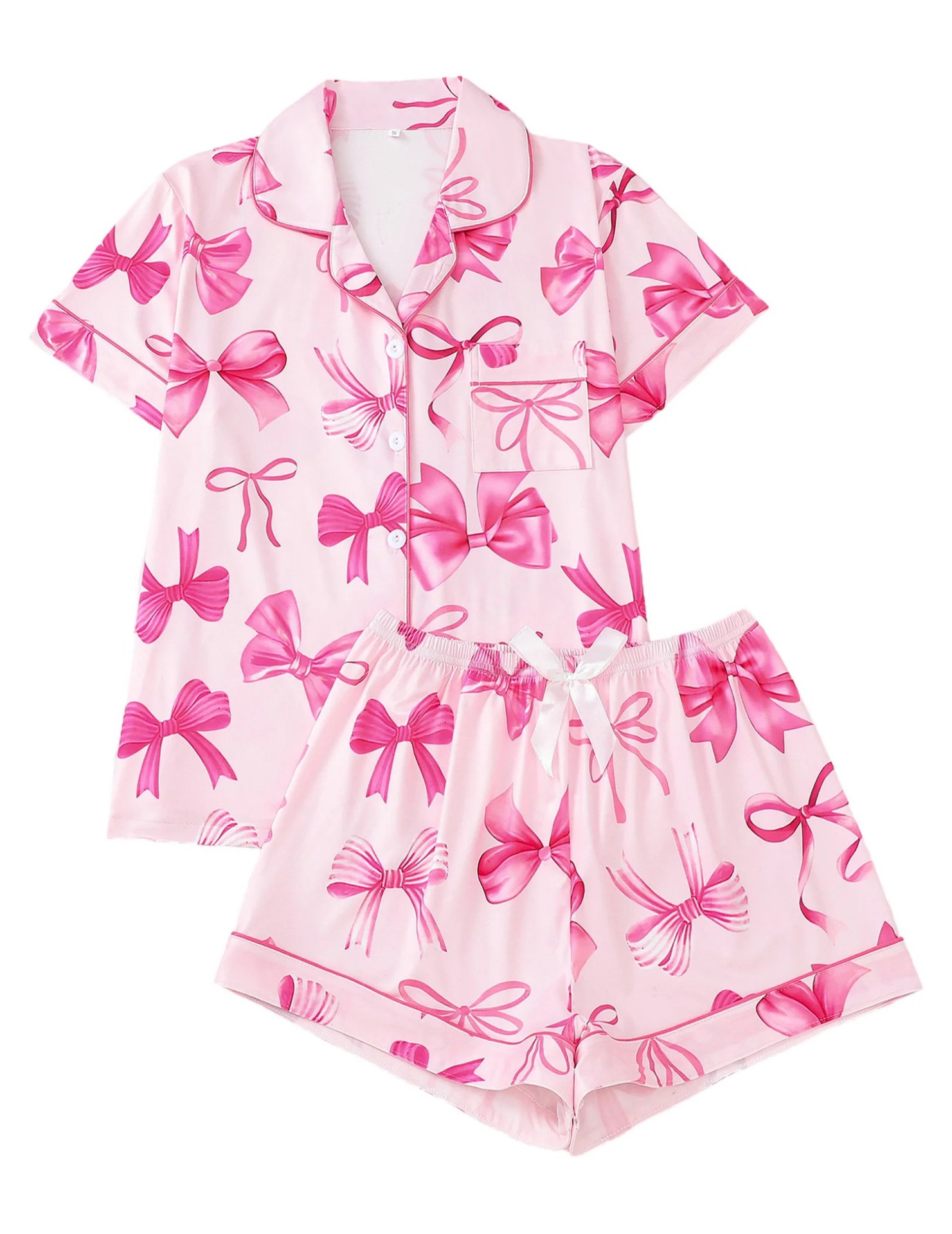 Women's Cuban Collar Short Sleeve Shirt Set with Ribbon Bow