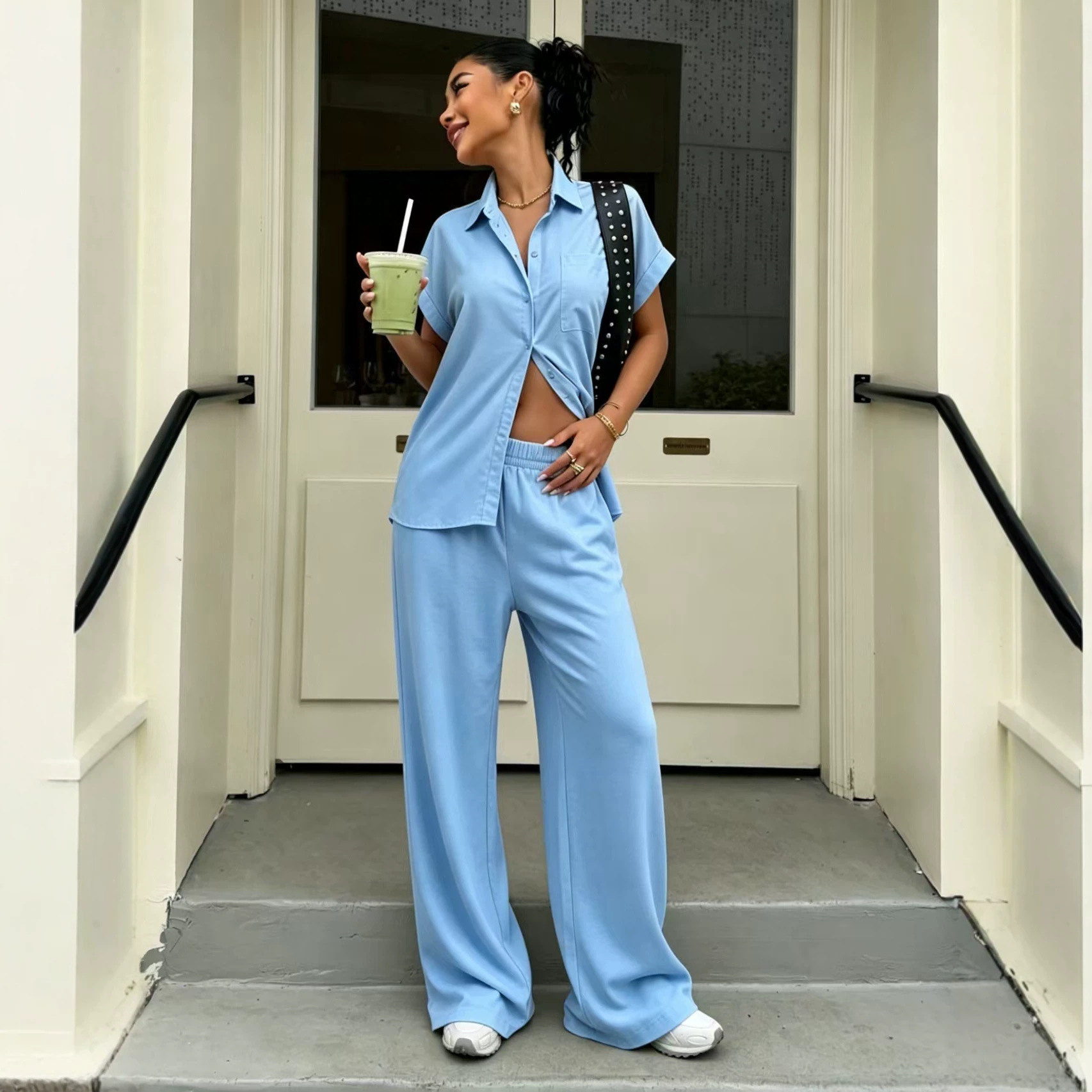Women's Collared Short Sleeve Button Shirt & High Waist Wide Leg Pants Set
