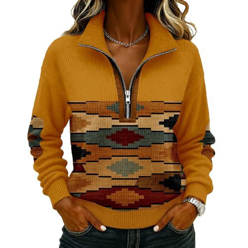 Retro Tribal Print Half-Zip Hoodie for Women